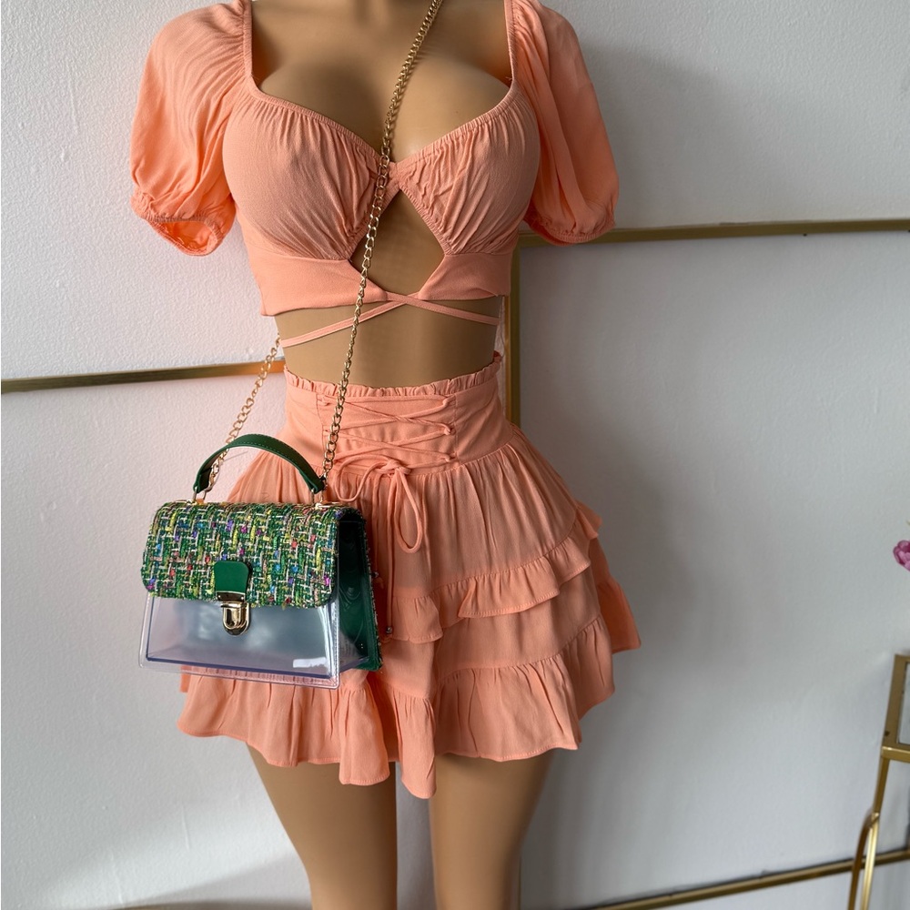 Peach Puff Sleeve Crop Top and Skirt Set